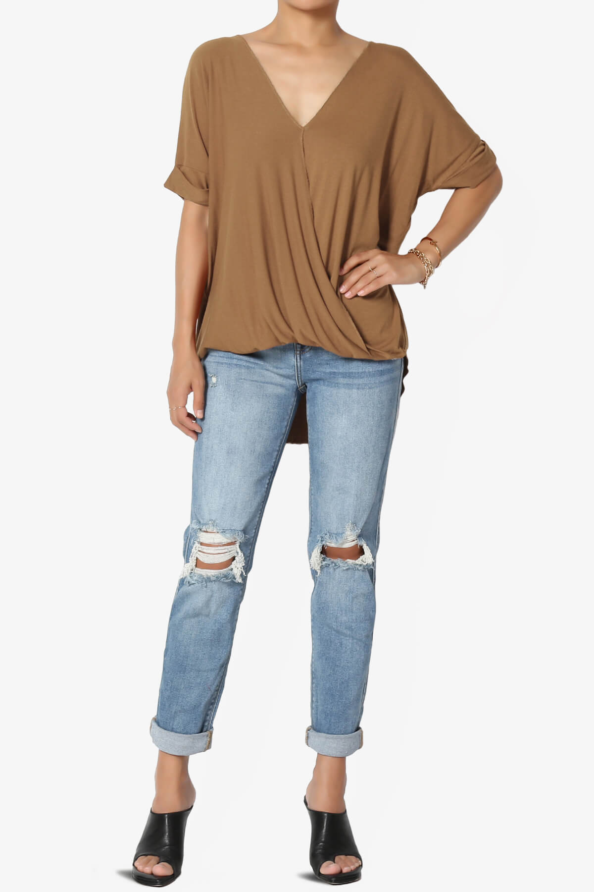 Load image into Gallery viewer, Tackle Wrap Hi-Low Crepe Knit Top DEEP CAMEL_6
