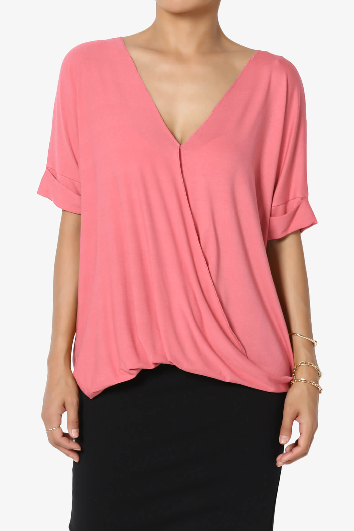 Load image into Gallery viewer, Tackle Wrap Hi-Low Crepe Knit Top DESERT ROSE_1
