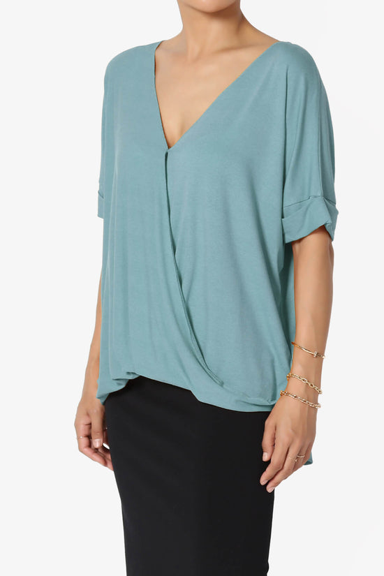 Load image into Gallery viewer, Tackle Wrap Hi-Low Crepe Knit Top DUSTY BLUE_3
