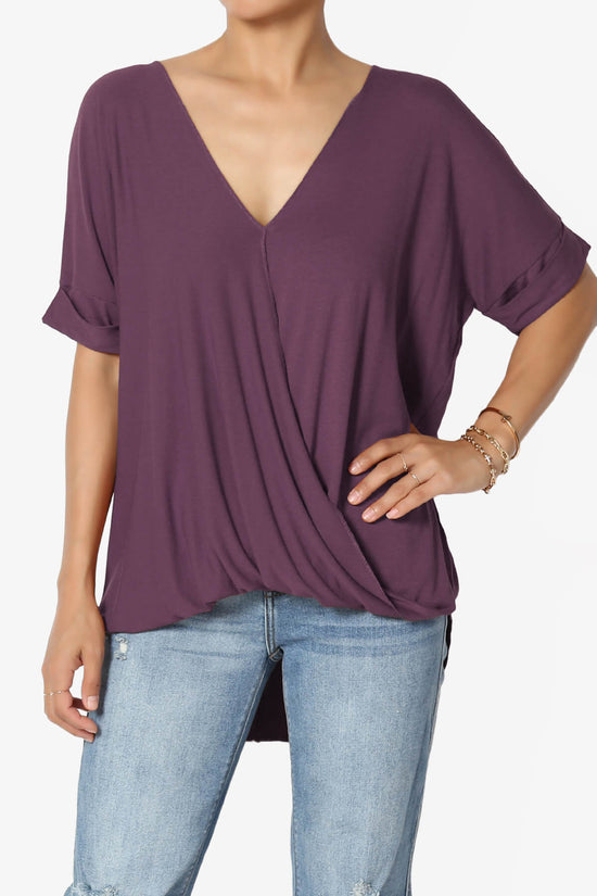 Load image into Gallery viewer, Tackle Wrap Hi-Low Crepe Knit Top DUSTY PLUM_1
