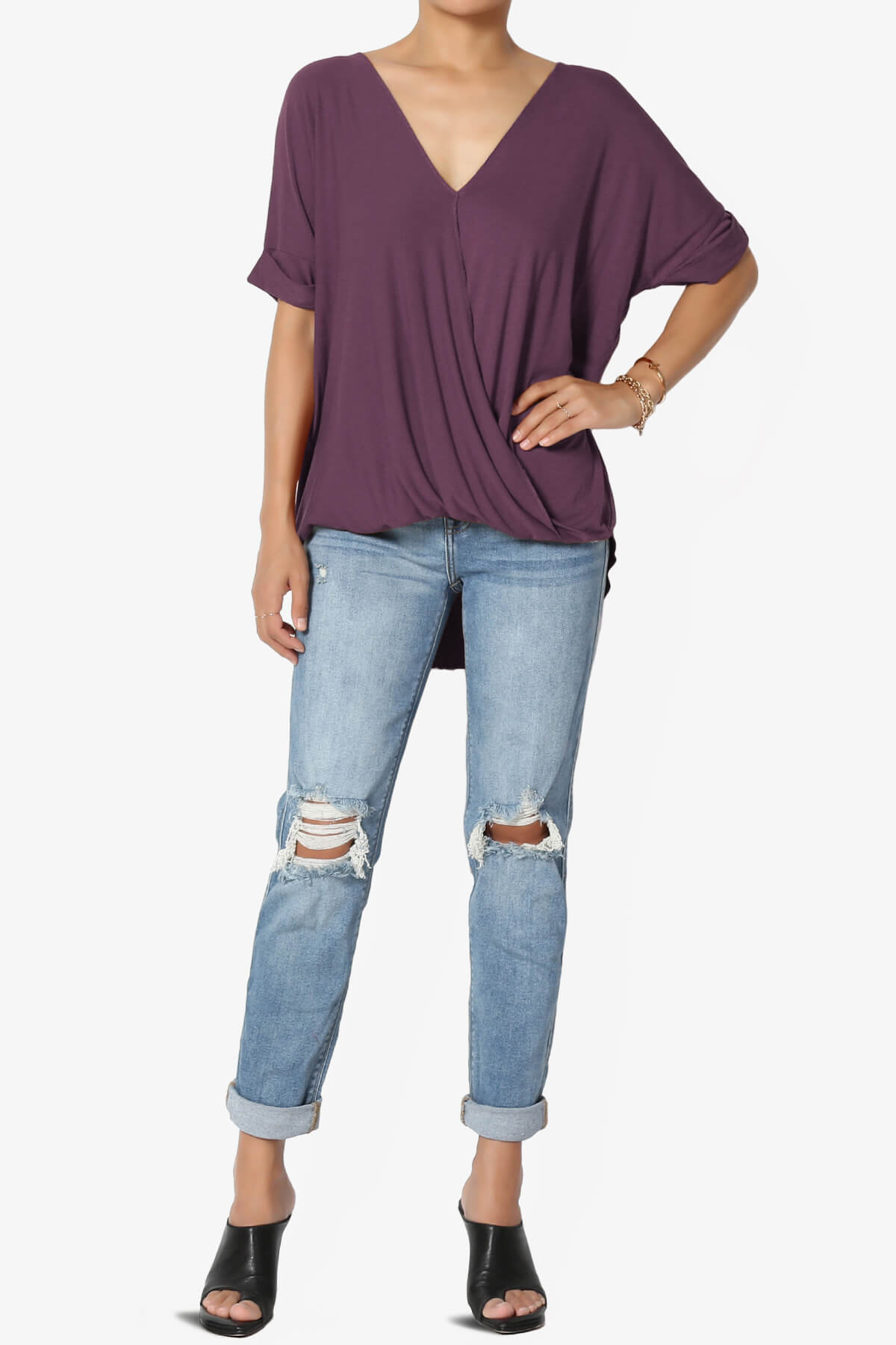 Load image into Gallery viewer, Tackle Wrap Hi-Low Crepe Knit Top DUSTY PLUM_6

