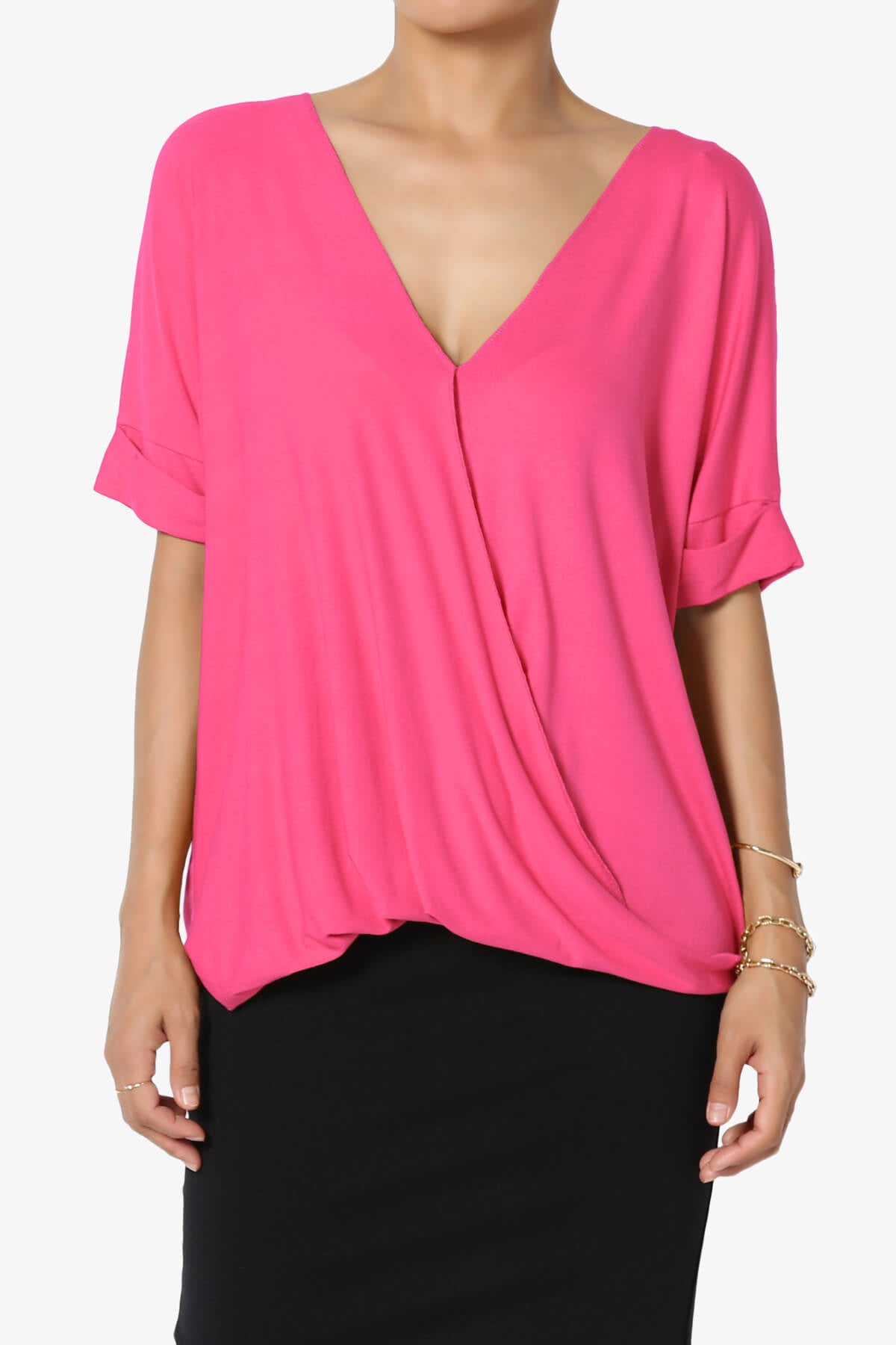 Load image into Gallery viewer, Tackle Wrap Hi-Low Crepe Knit Top FUCHSIA_1
