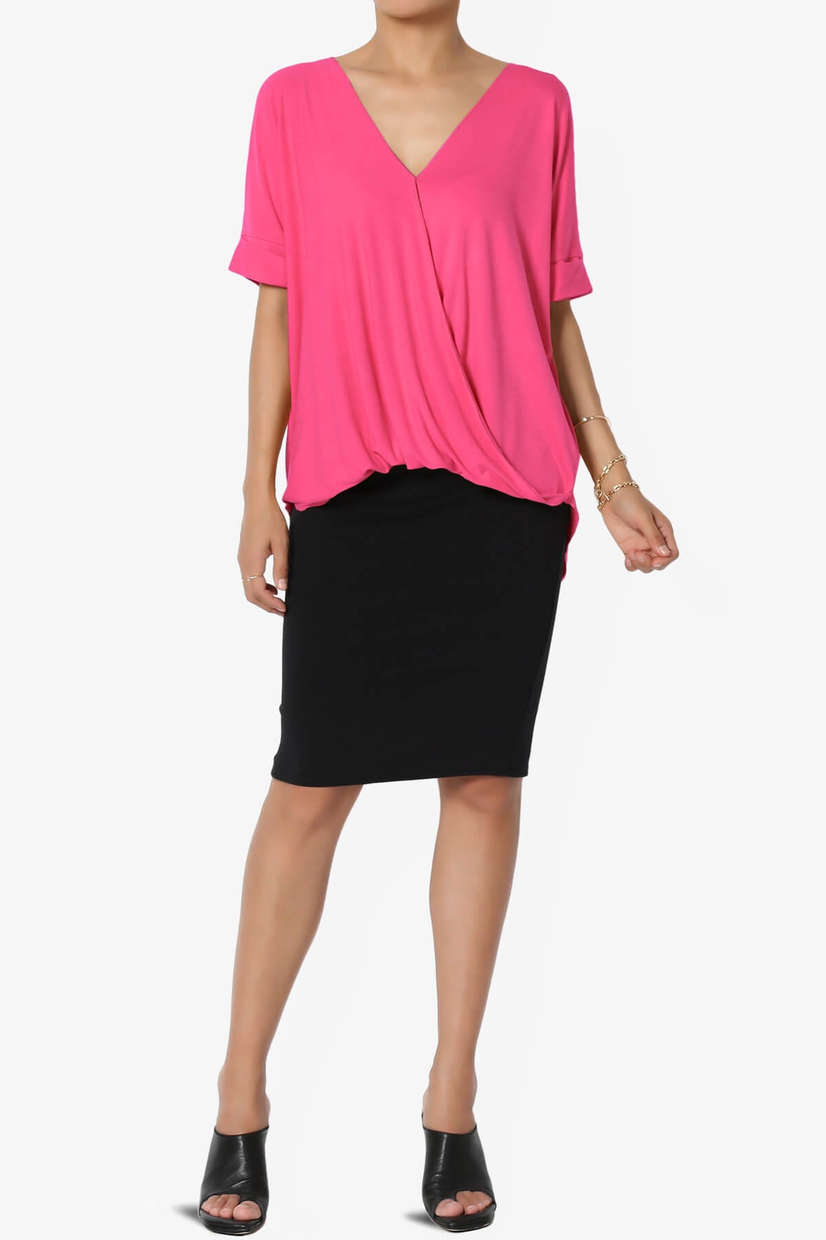 Load image into Gallery viewer, Tackle Wrap Hi-Low Crepe Knit Top FUCHSIA_6
