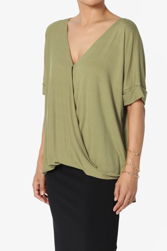 Load image into Gallery viewer, Tackle Wrap Hi-Low Crepe Knit Top KHAKI GREEN_3
