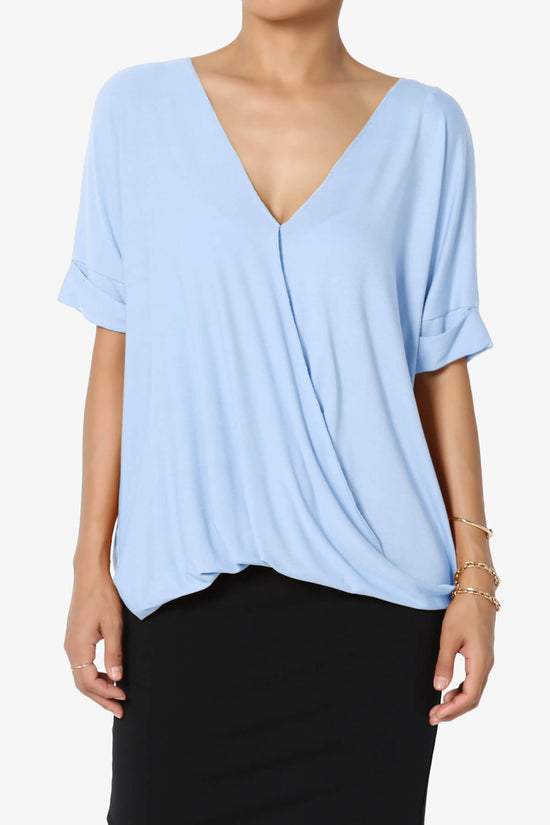 Load image into Gallery viewer, Tackle Wrap Hi-Low Crepe Knit Top LIGHT BLUE_1
