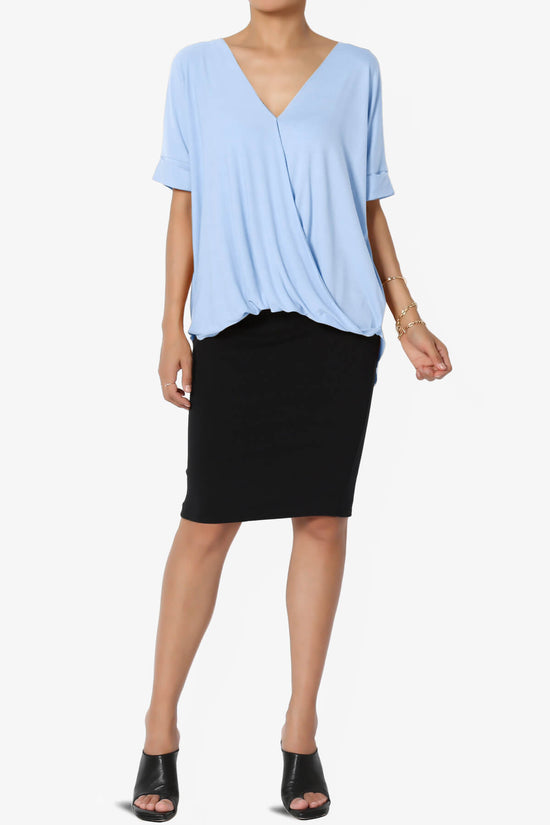 Load image into Gallery viewer, Tackle Wrap Hi-Low Crepe Knit Top LIGHT BLUE_6
