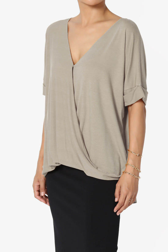 Load image into Gallery viewer, Tackle Wrap Hi-Low Crepe Knit Top LIGHT MOCHA_3
