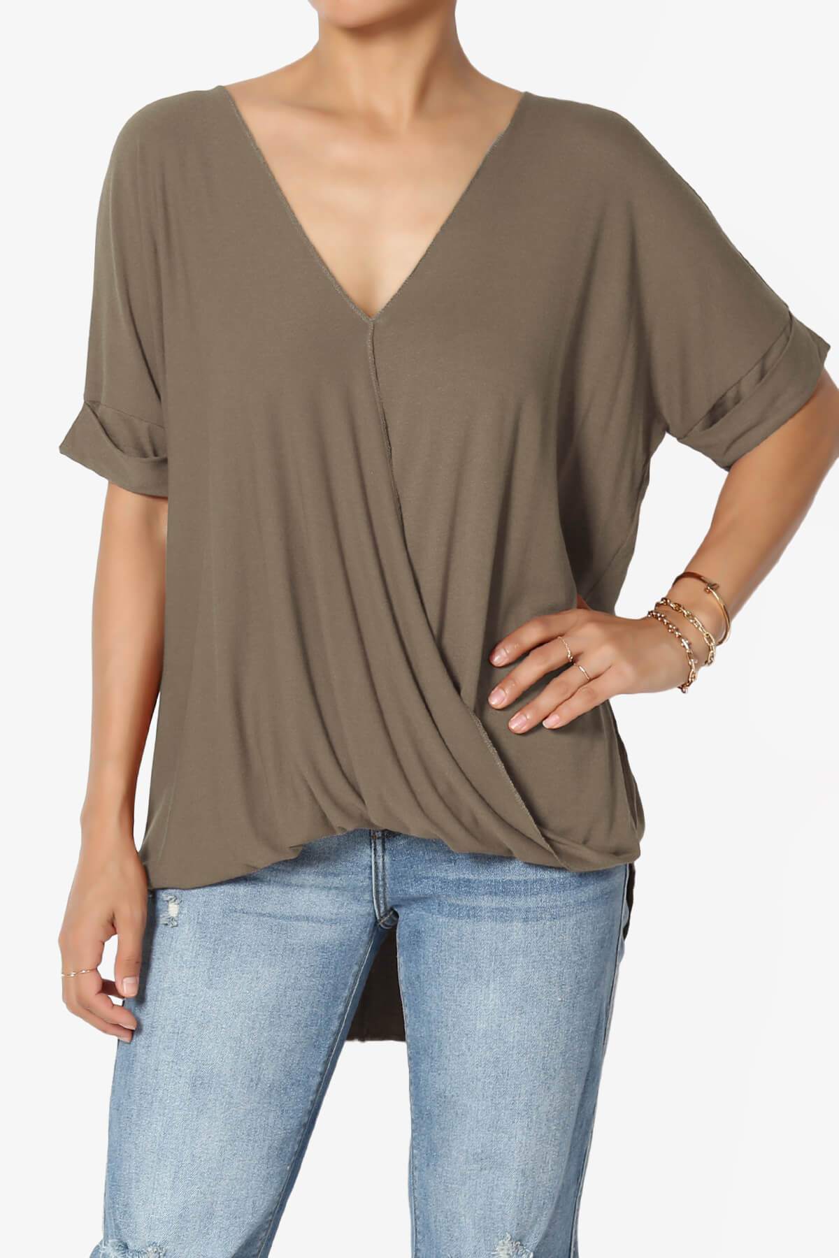 Load image into Gallery viewer, Tackle Wrap Hi-Low Crepe Knit Top MOCHA_1
