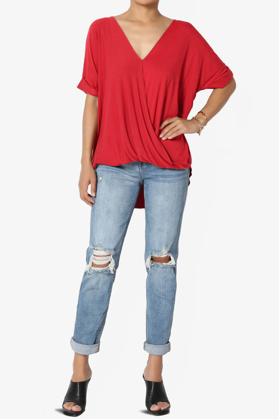 Load image into Gallery viewer, Tackle Wrap Hi-Low Crepe Knit Top RED_6
