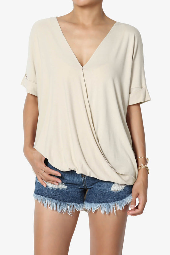 Load image into Gallery viewer, Tackle Wrap Hi-Low Crepe Knit Top SAND BEIGE_1
