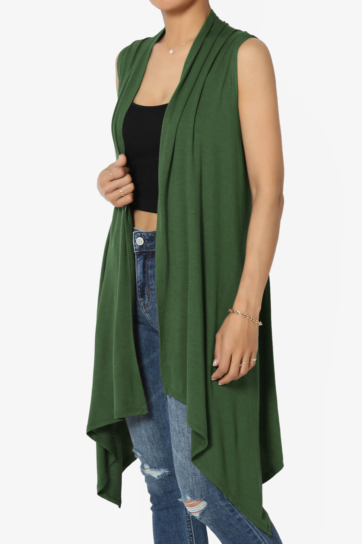 Taysom Draped Open Front Sleeveless Cardigan Vest ARMY GREEN_3