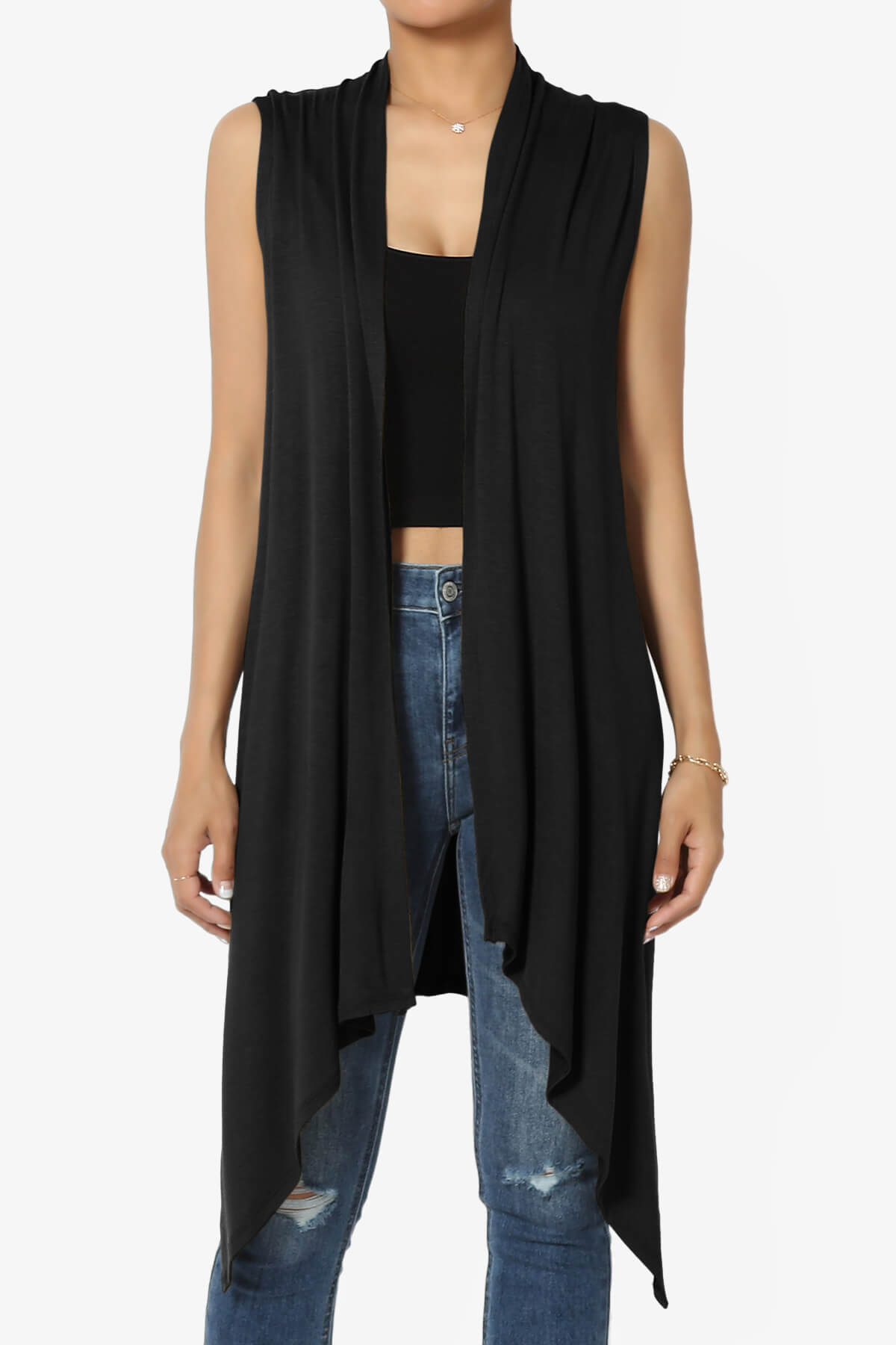 Load image into Gallery viewer, Taysom Draped Open Front Sleeveless Cardigan Vest BLACK_1
