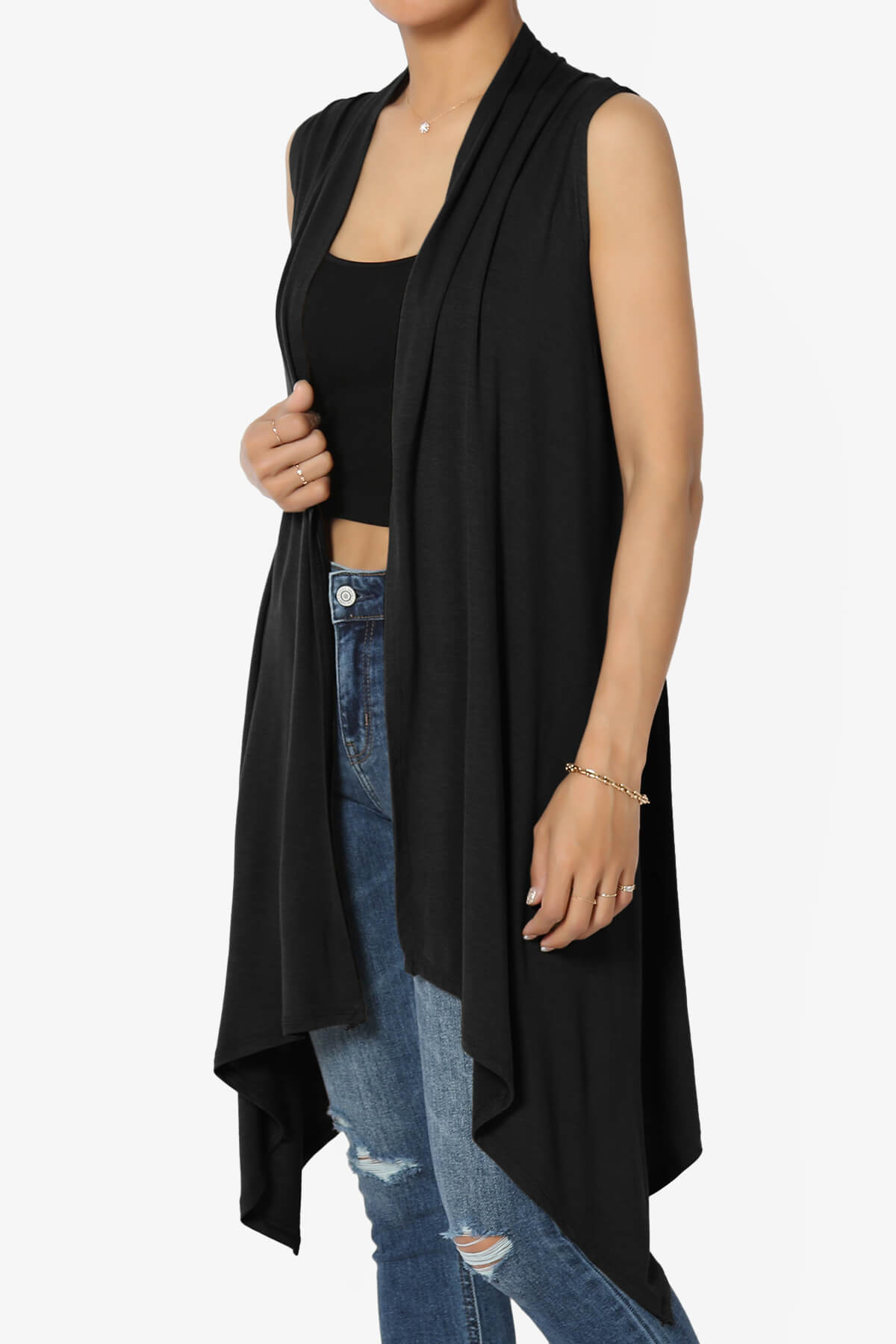 Load image into Gallery viewer, Taysom Draped Open Front Sleeveless Cardigan Vest BLACK_3
