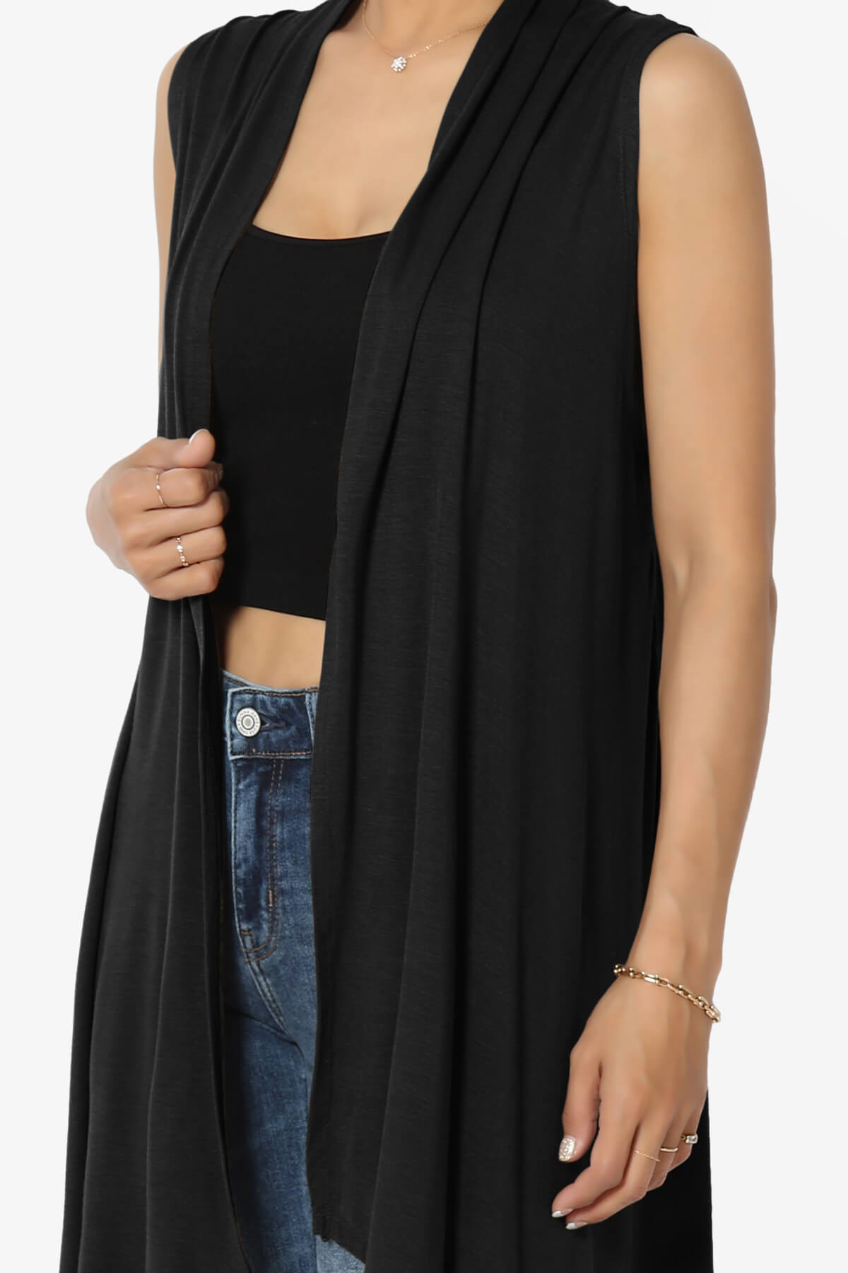 Taysom Draped Open Front Sleeveless Cardigan Vest BLACK_5