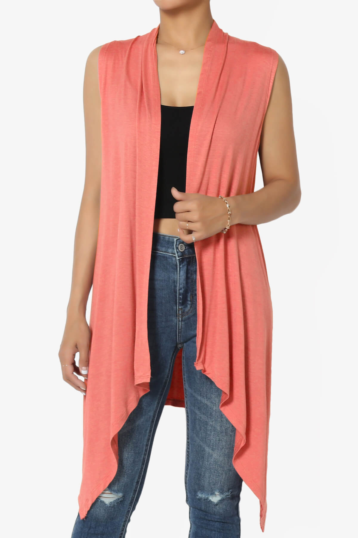 TAYSOM%20DRAPED%20OPEN%20FRONT%20SLEEVELESS%20CARDIGAN%20VEST CORAL_1