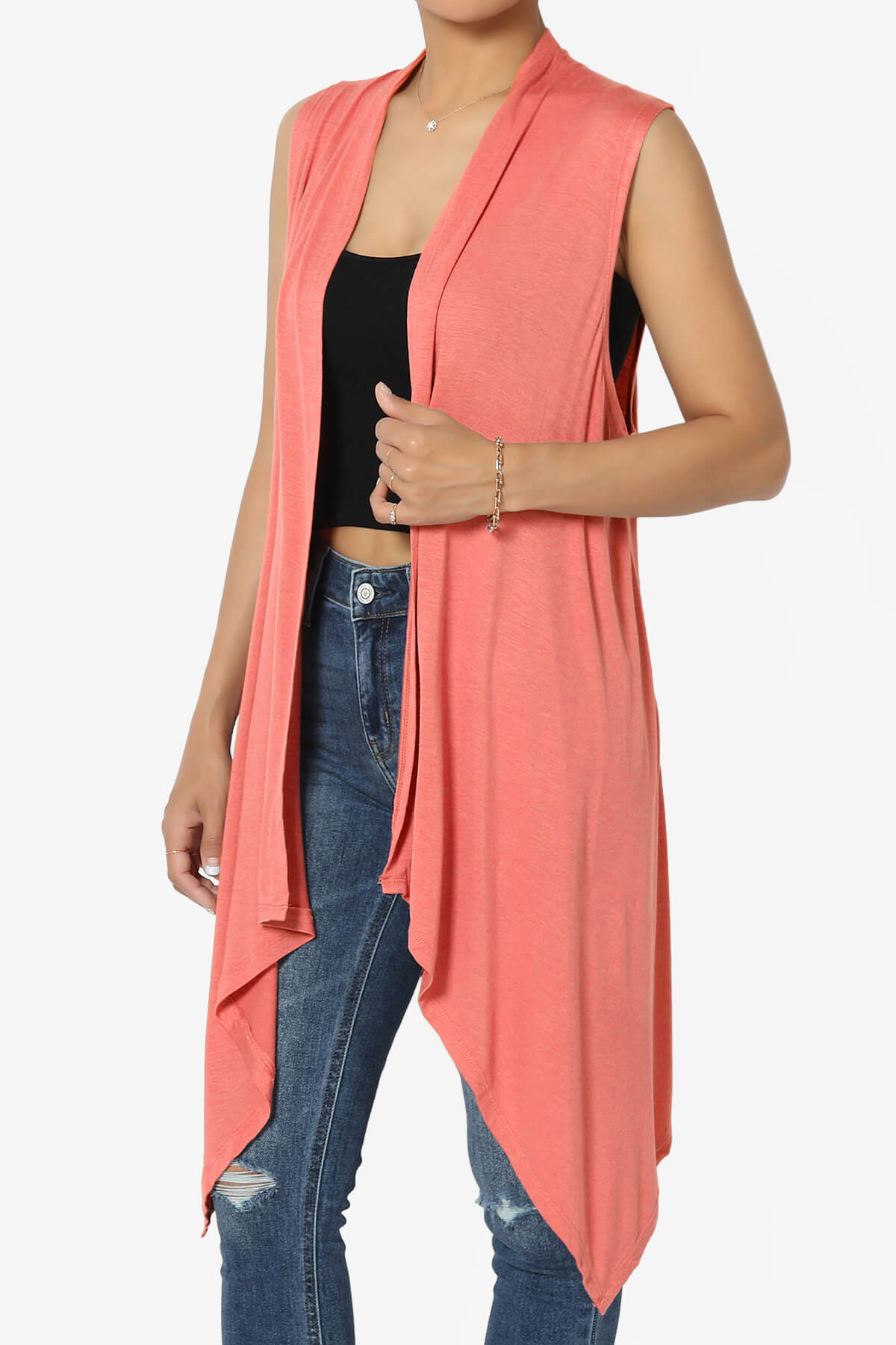 Taysom Draped Open Front Sleeveless Cardigan Vest CORAL_3