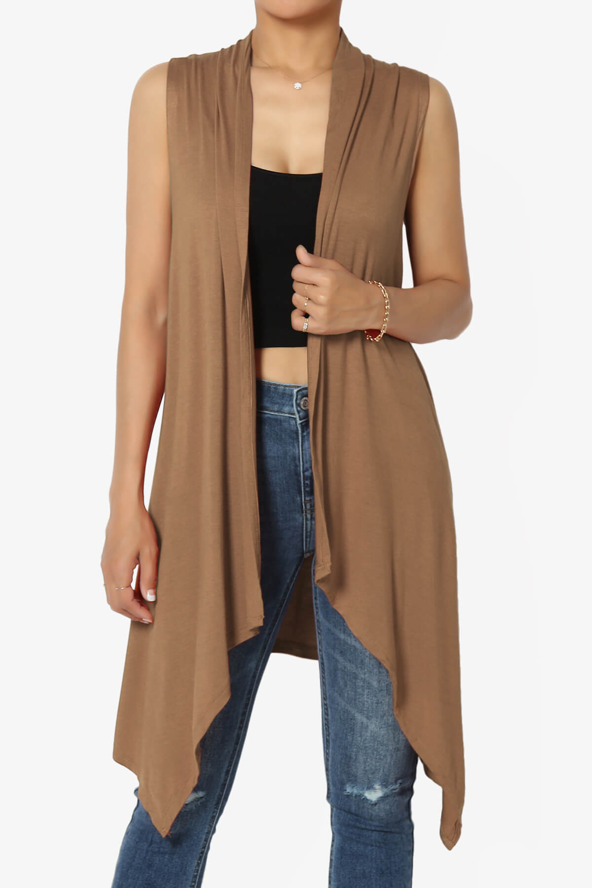 Load image into Gallery viewer, Taysom Draped Open Front Sleeveless Cardigan Vest DEEP CAMEL_1
