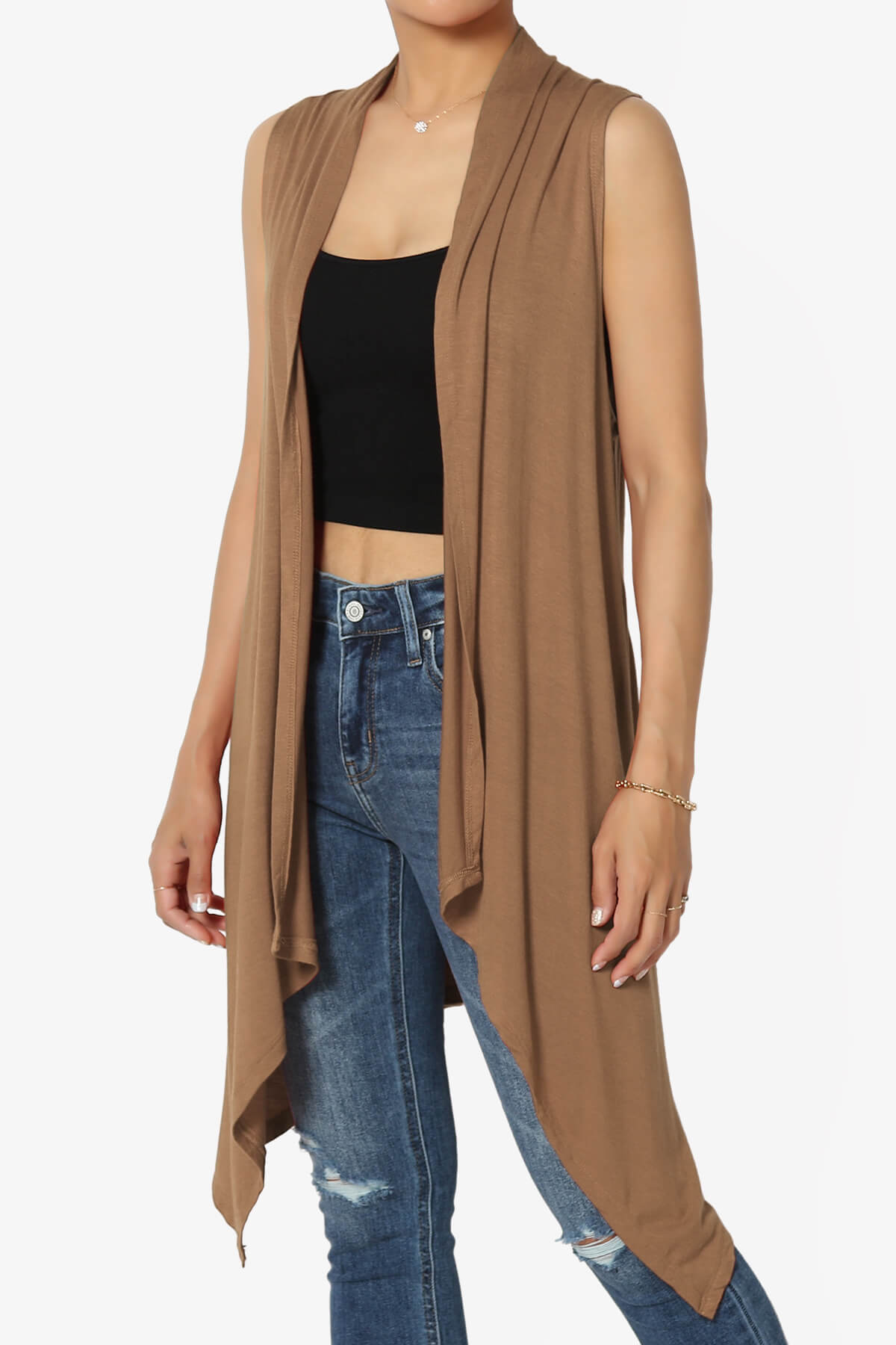 Load image into Gallery viewer, Taysom Draped Open Front Sleeveless Cardigan Vest DEEP CAMEL_3
