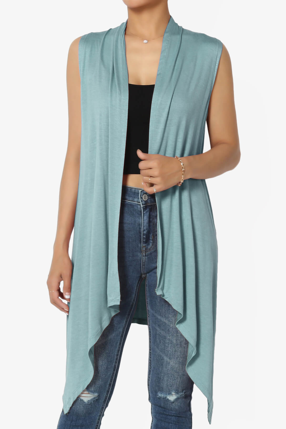 Taysom Draped Open Front Sleeveless Cardigan Vest DUSTY BLUE_1