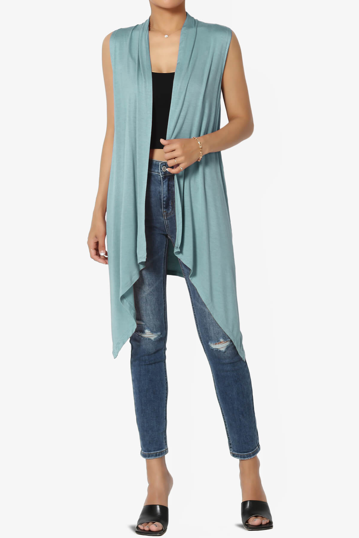 Load image into Gallery viewer, Taysom Draped Open Front Sleeveless Cardigan Vest DUSTY BLUE_6
