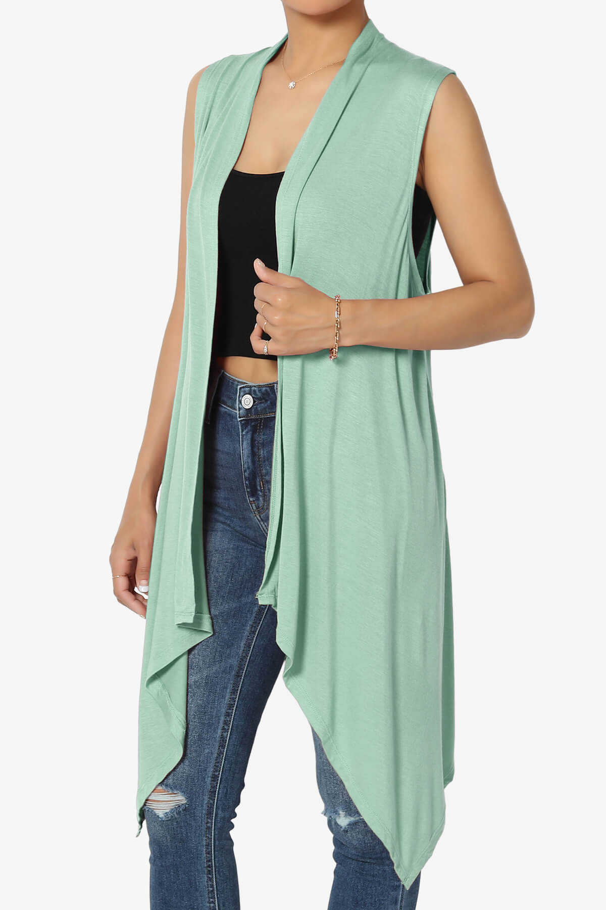 Taysom Draped Open Front Sleeveless Cardigan Vest DUSTY GREEN_3