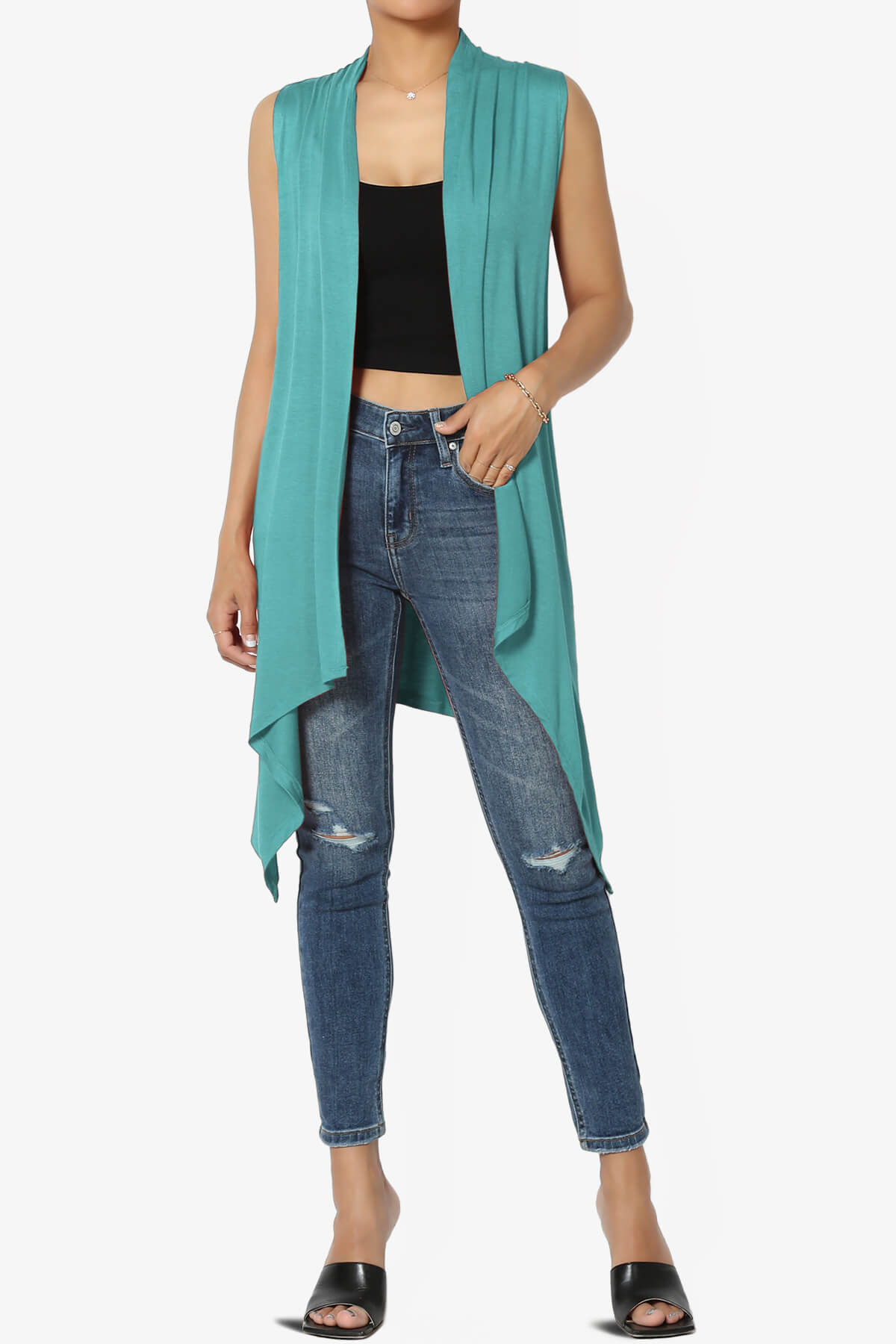 Taysom Draped Open Front Sleeveless Cardigan Vest DUSTY TEAL_6