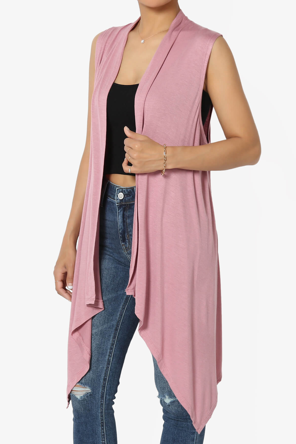 Taysom Draped Open Front Sleeveless Cardigan Vest LIGHT ROSE_3