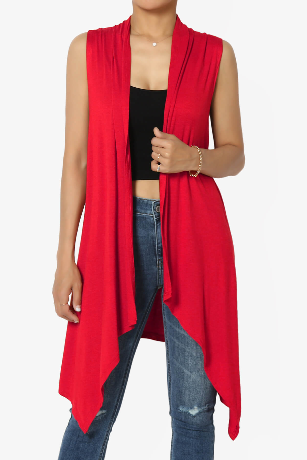Taysom Draped Open Front Sleeveless Cardigan Vest RED_1