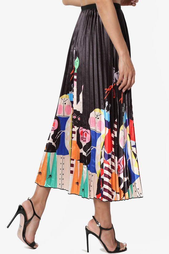 Load image into Gallery viewer, Emilly Printed Satin Pleated Midi Skirt BLACK_4
