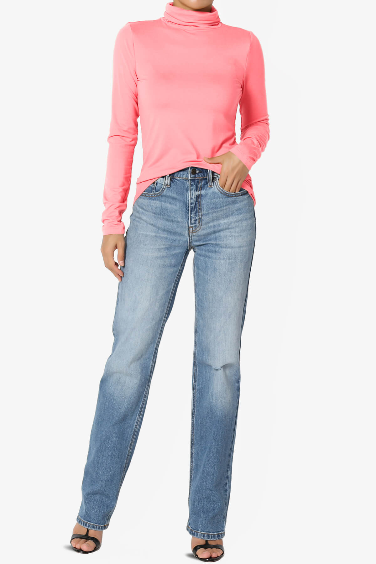 Viable Ruched Turtle Neck Long Sleeve Top BRIGHT PINK_6