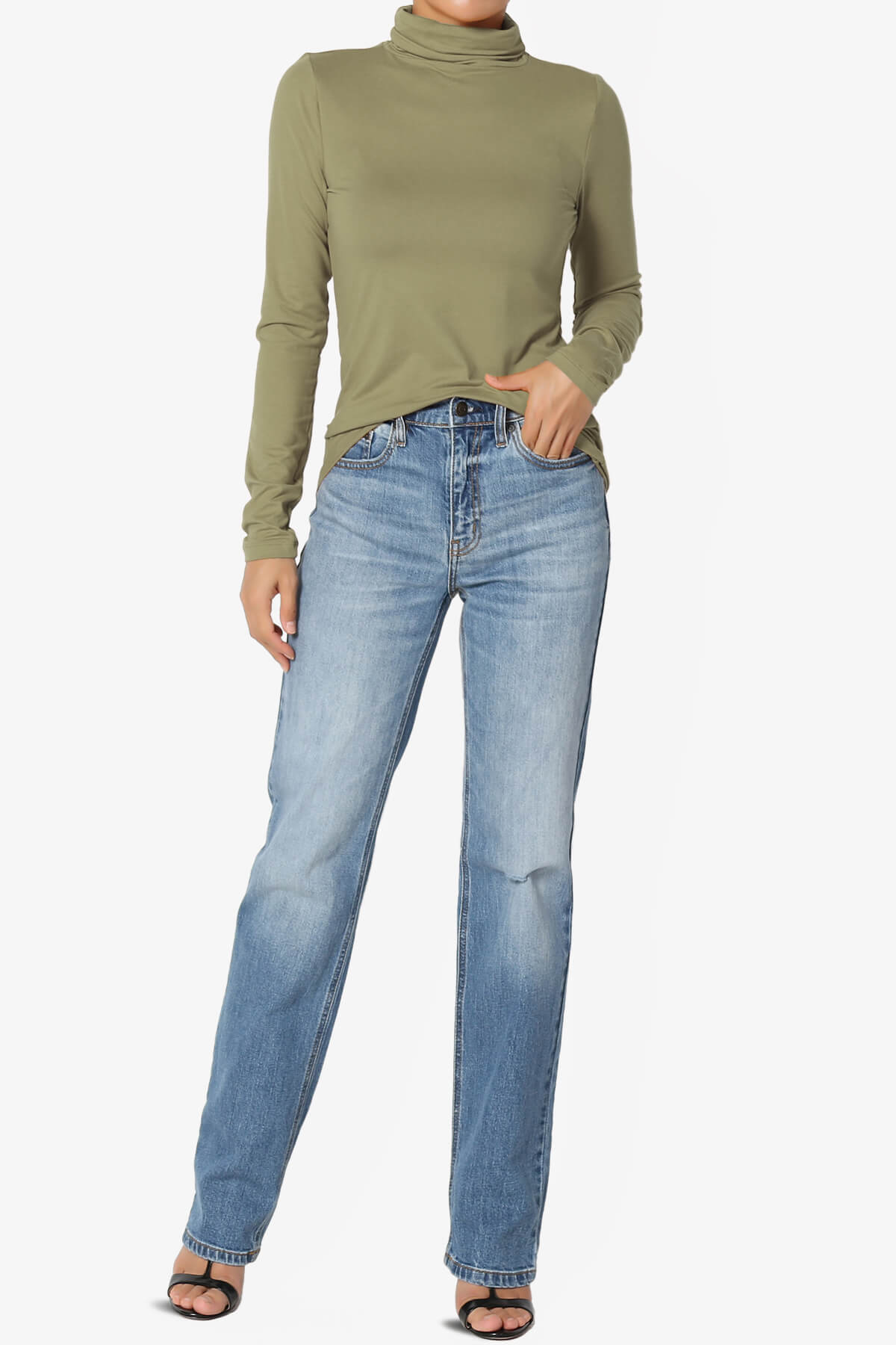 Viable Ruched Turtle Neck Long Sleeve Top KHAKI GREEN_6