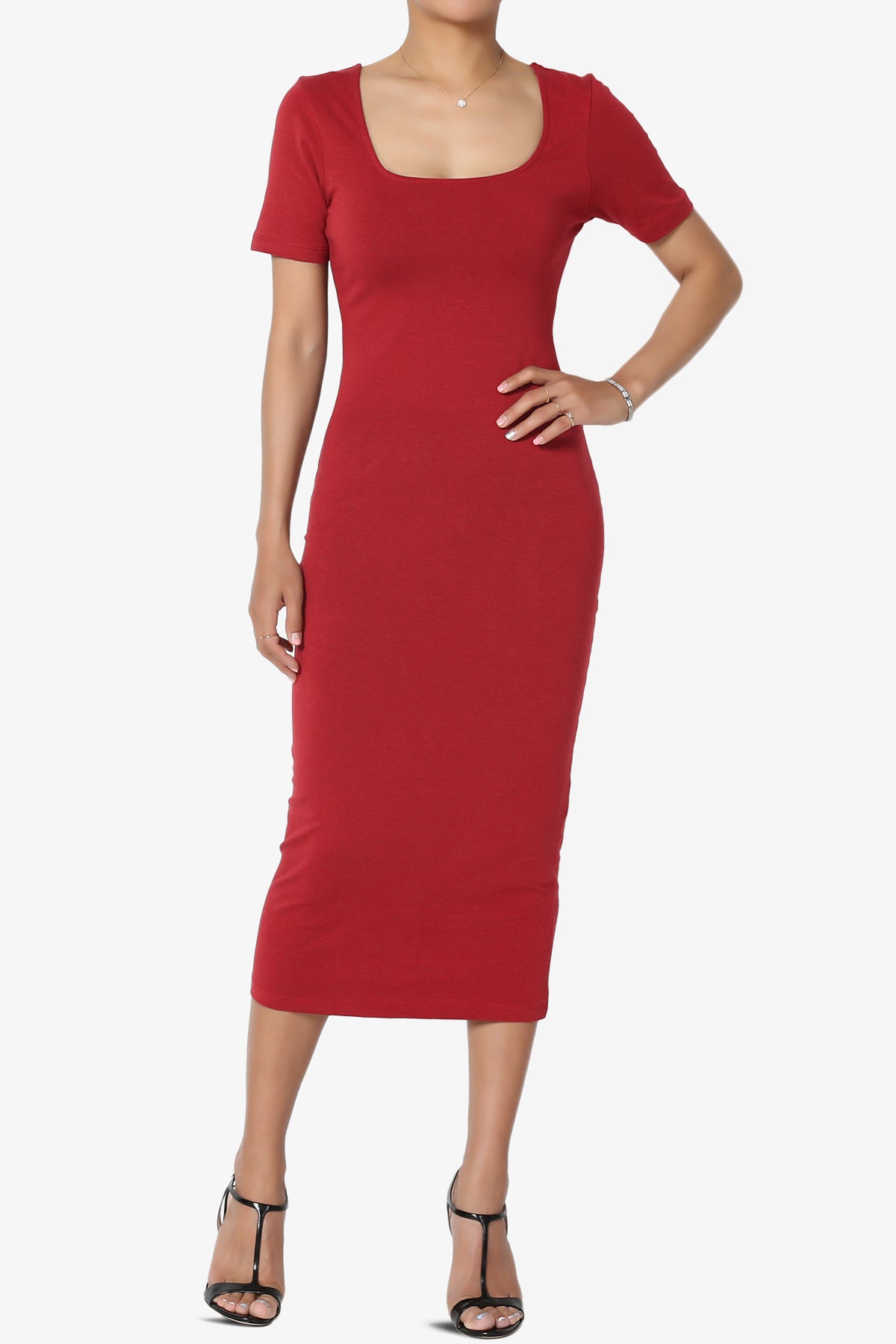 Fontella Short Sleeve Square Neck Bodycon Dress DARK RED_1