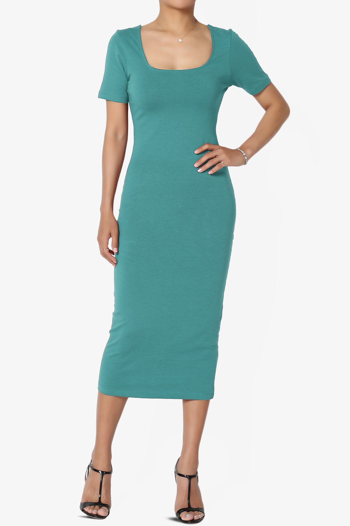 Load image into Gallery viewer, Fontella Short Sleeve Square Neck Bodycon Dress DUSTY TEAL_1
