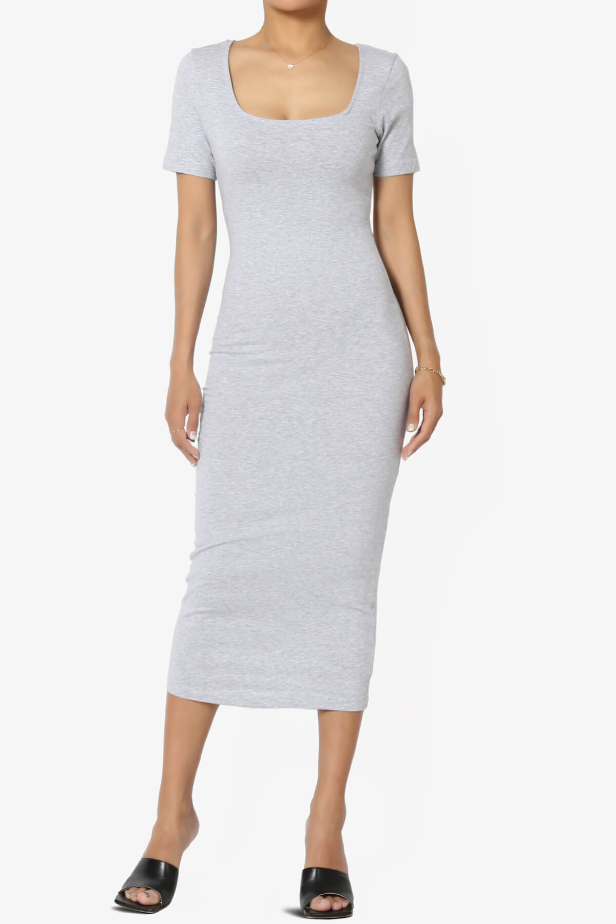 Load image into Gallery viewer, Fontella Short Sleeve Square Neck Bodycon Dress HEATHER GREY_1

