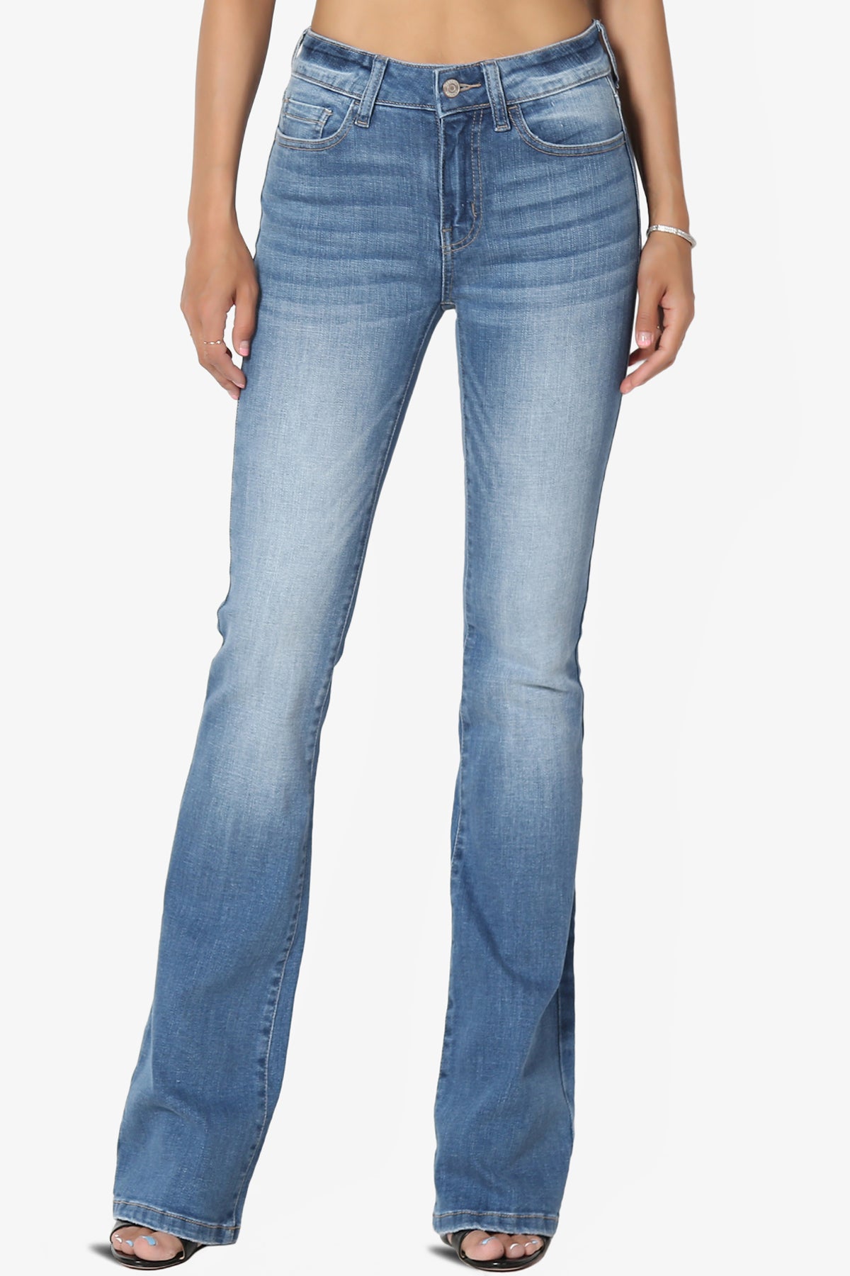 Clyde Washed Mid Rise Boot Cut Jeans in Med