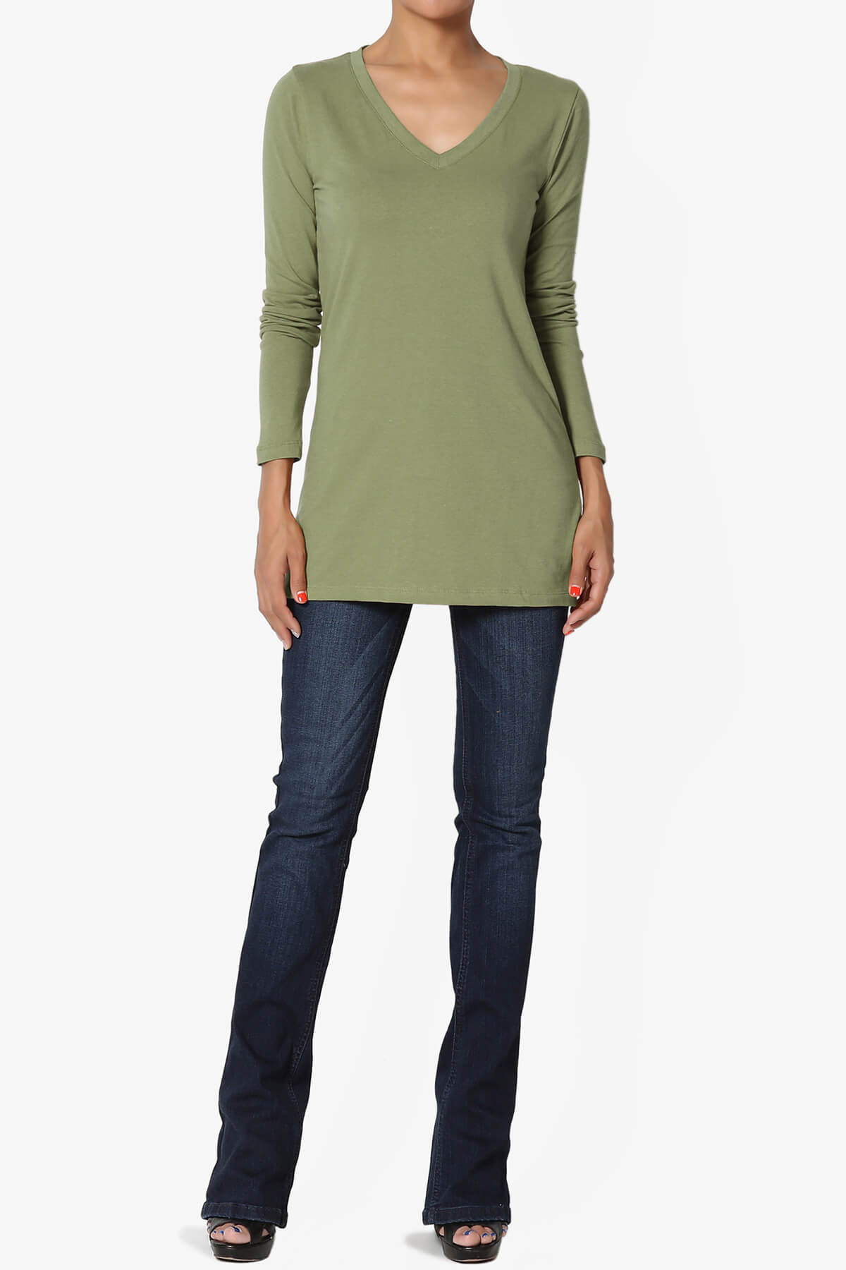 Load image into Gallery viewer, Lasso Cotton V-Neck Long Sleeve Tee OLIVE KHAKI_6
