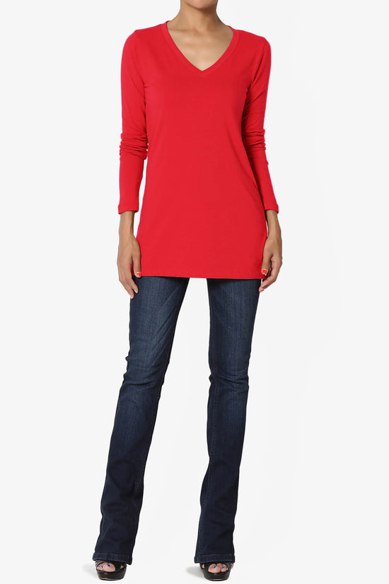 Lasso Cotton V-Neck Long Sleeve Tee RED_6