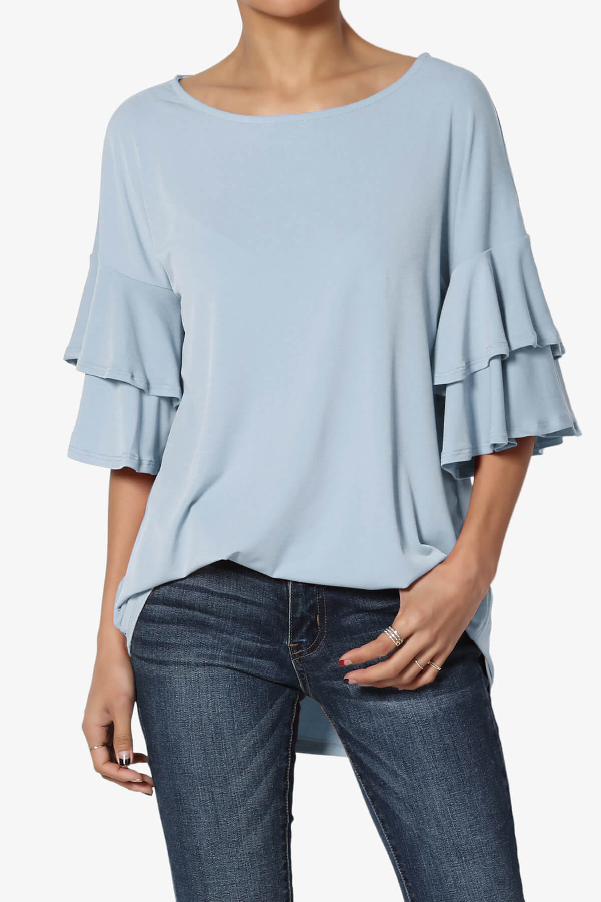 Omere Tiered Bell Sleeve Blouse ASH BLUE_1