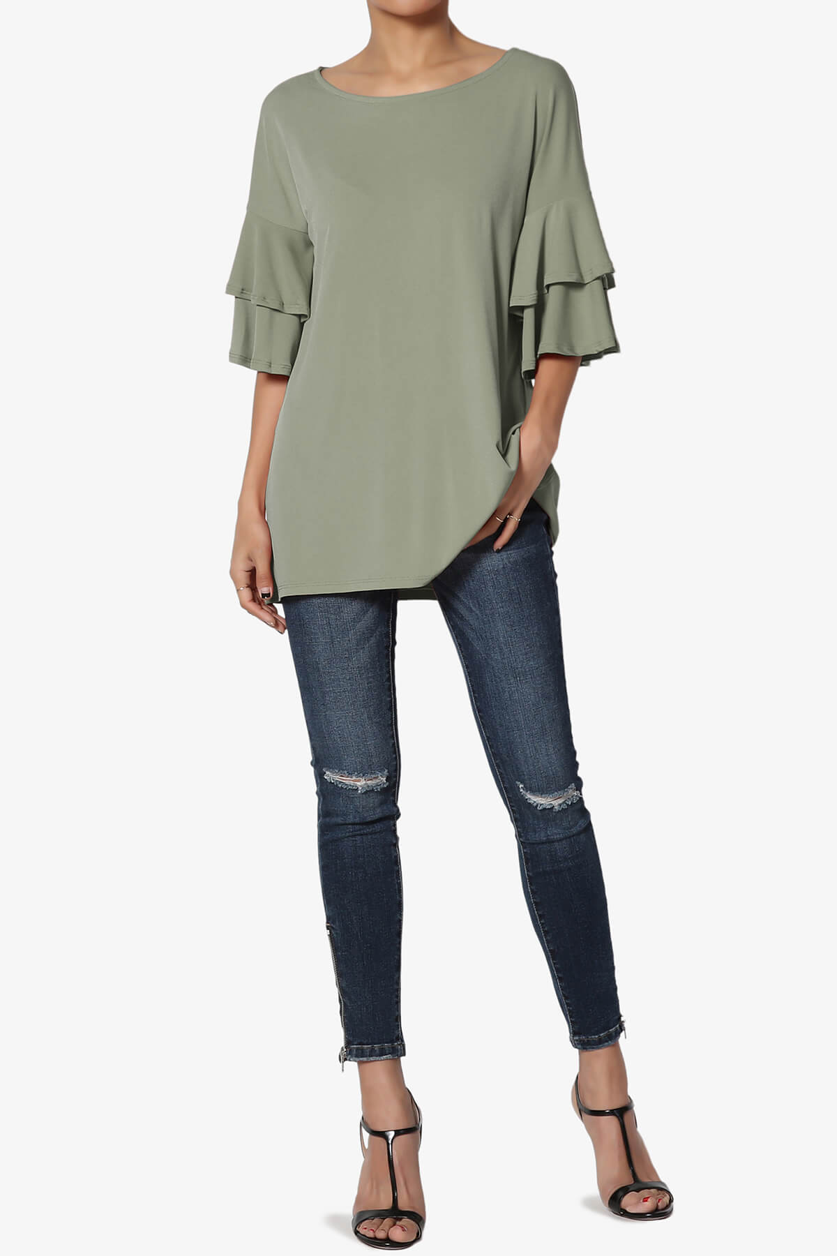 Omere Tiered Bell Sleeve Blouse DUSTY OLIVE_6