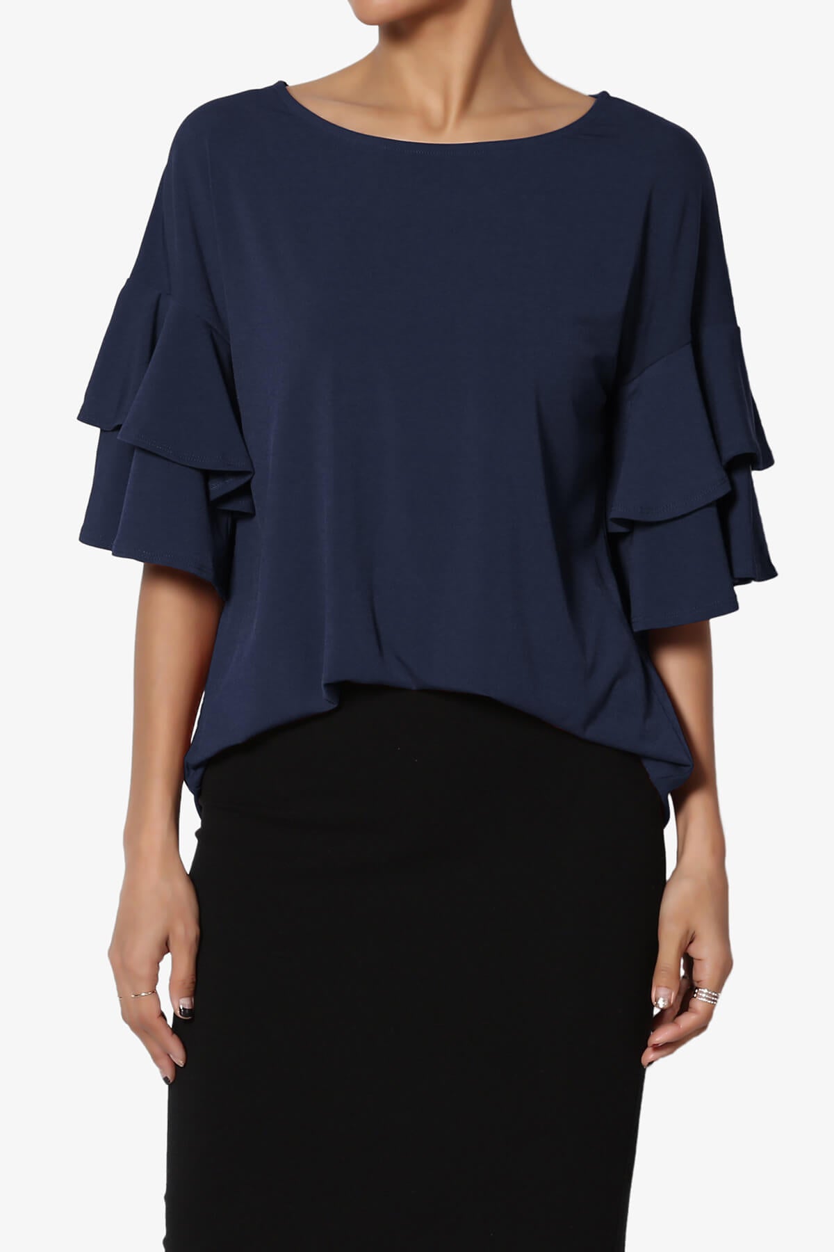 Omere Tiered Bell Sleeve Blouse NAVY_1