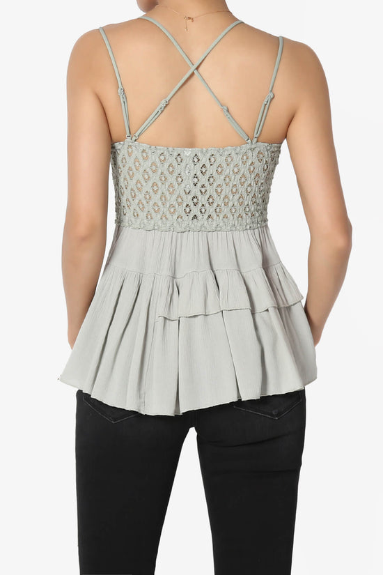 Load image into Gallery viewer, Lynden Crochet Lace Ruffle Peplum Cami LIGHT SAGE_2
