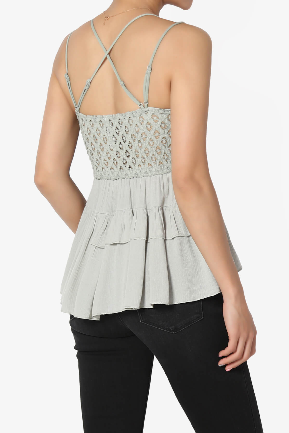 Load image into Gallery viewer, Lynden Crochet Lace Ruffle Peplum Cami LIGHT SAGE_4
