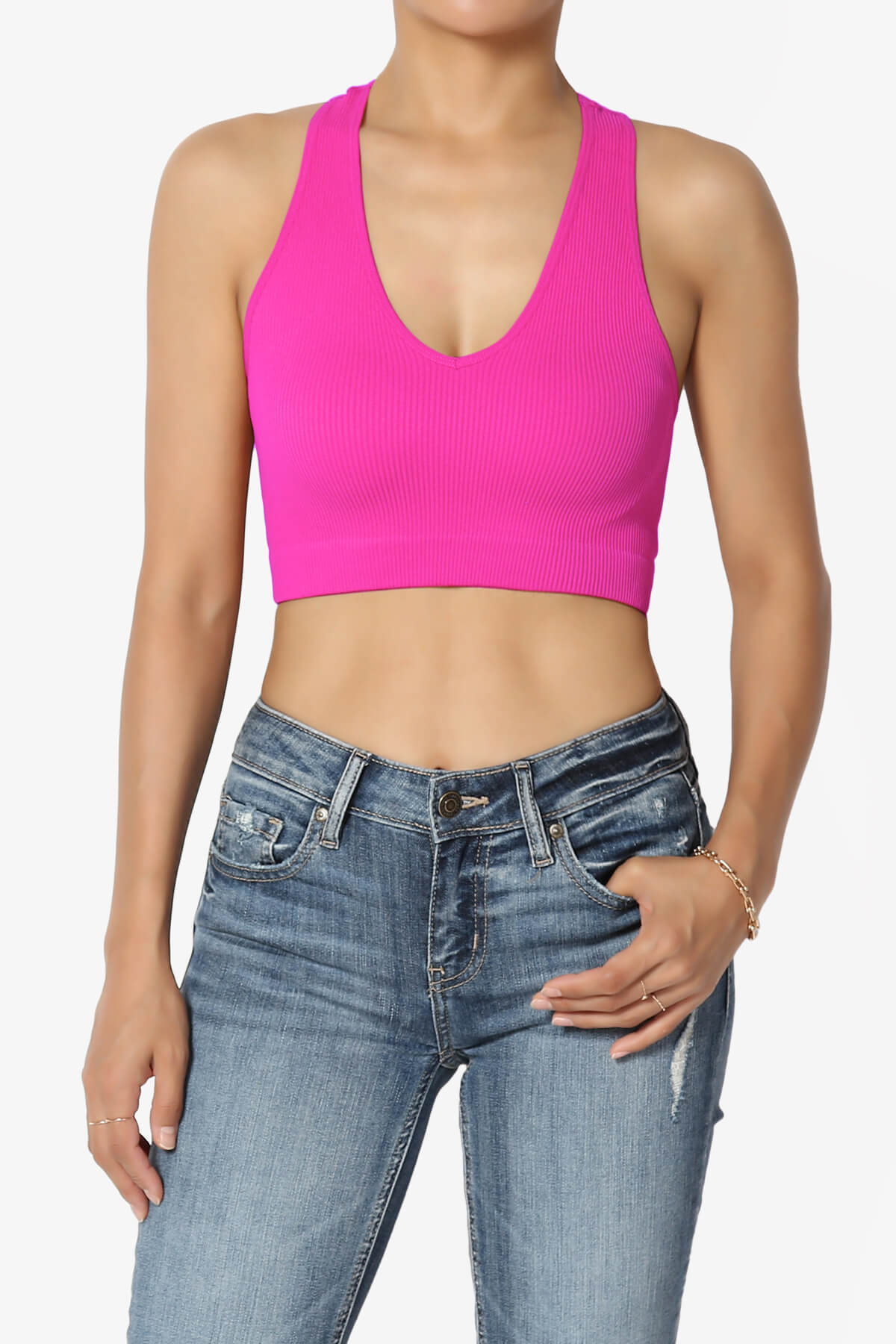 Load image into Gallery viewer, Daliyah Ribbed Seamless Halter Bra Top NEON HOT PINK_1
