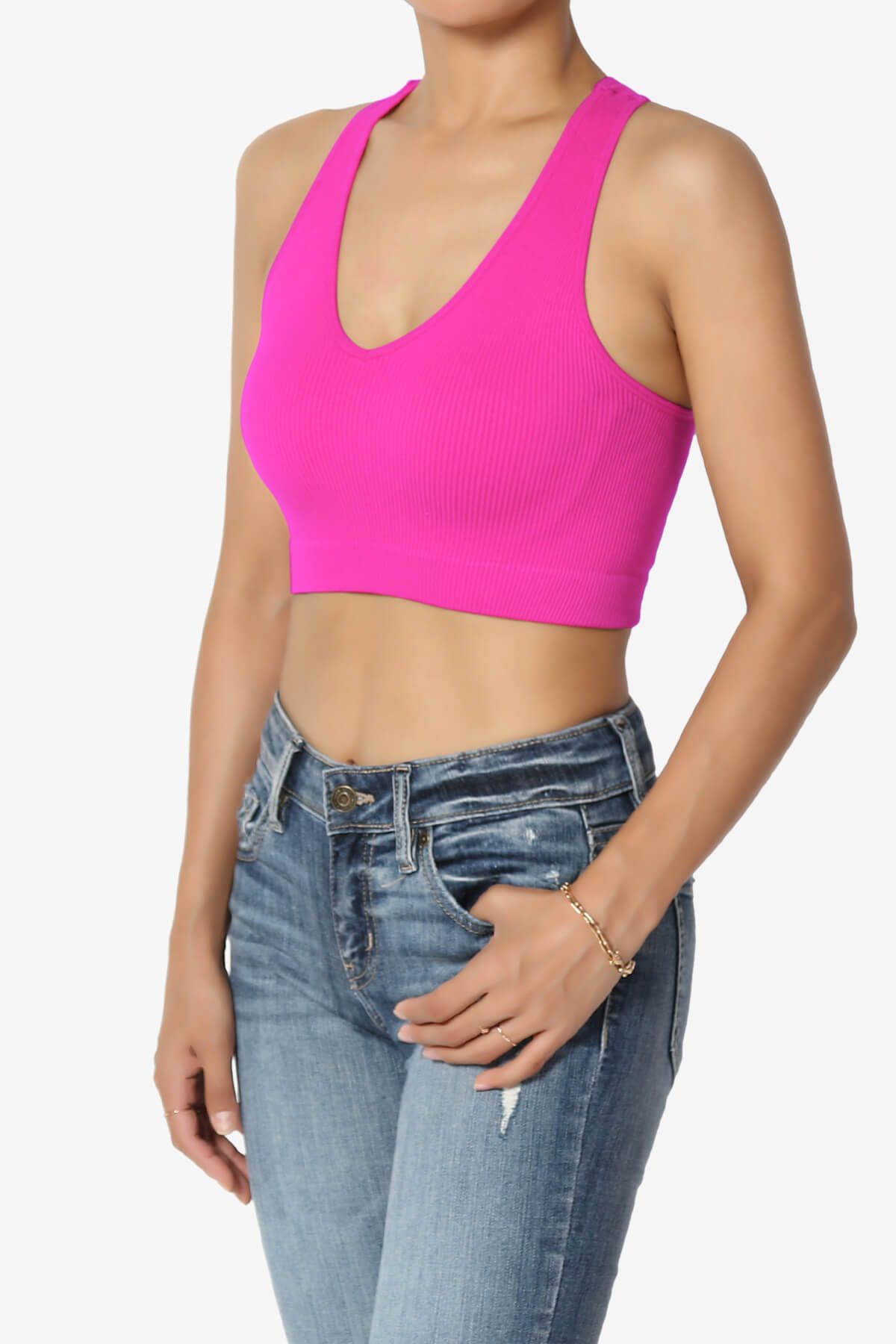 Load image into Gallery viewer, Daliyah Ribbed Seamless Halter Bra Top NEON HOT PINK_3
