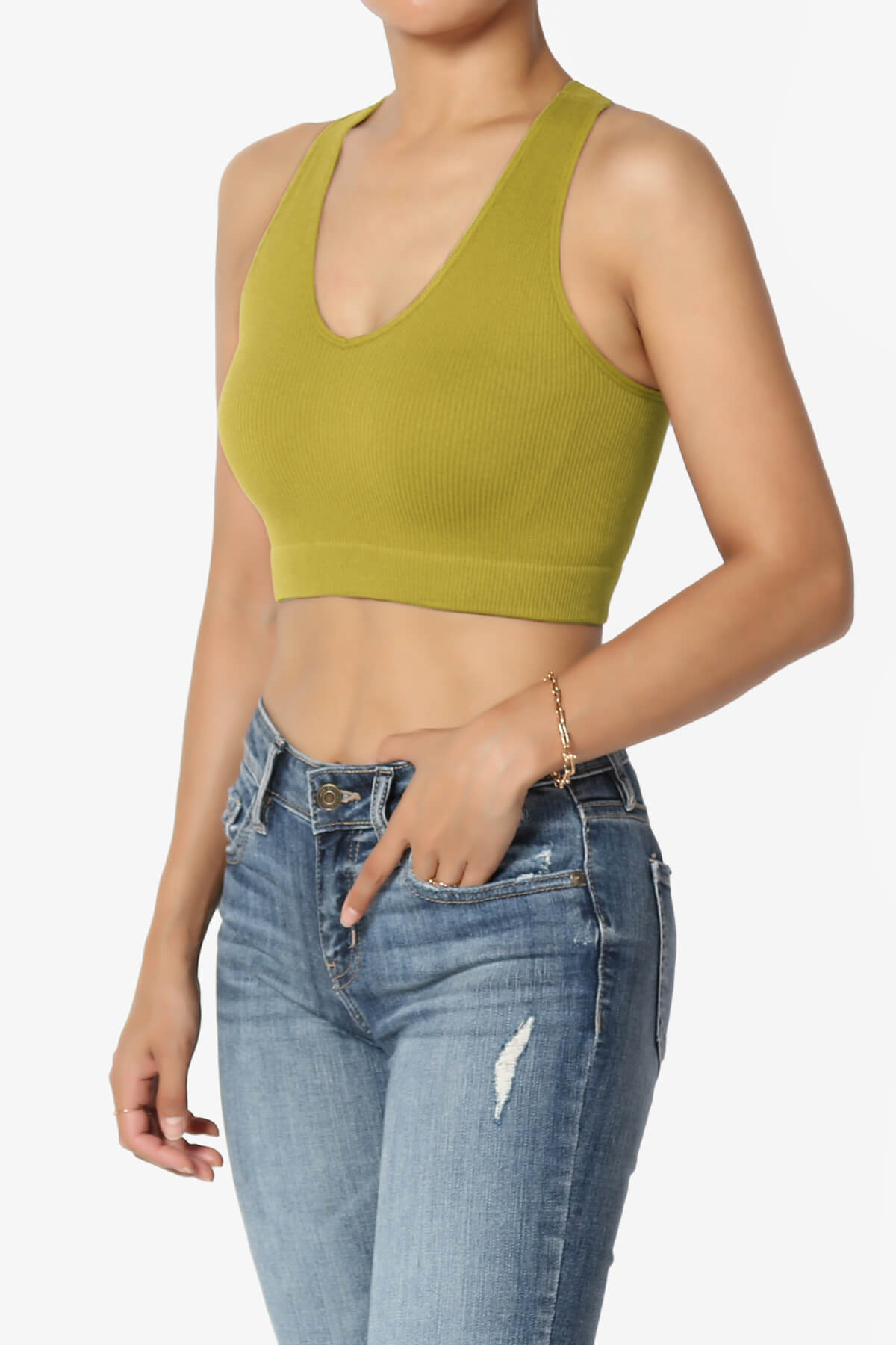 Load image into Gallery viewer, Daliyah Ribbed Seamless Halter Bra Top OLIVE MUSTARD_3
