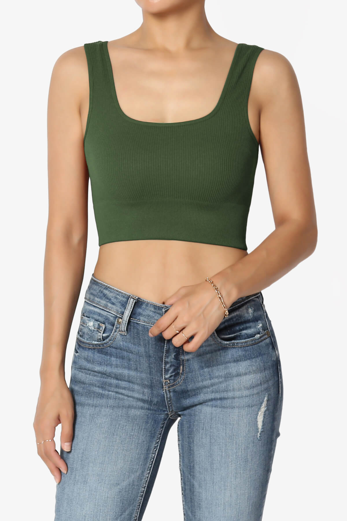 Hilde Ripped Seamless Square Neck Crop Tank Top ARMY GREEN_1