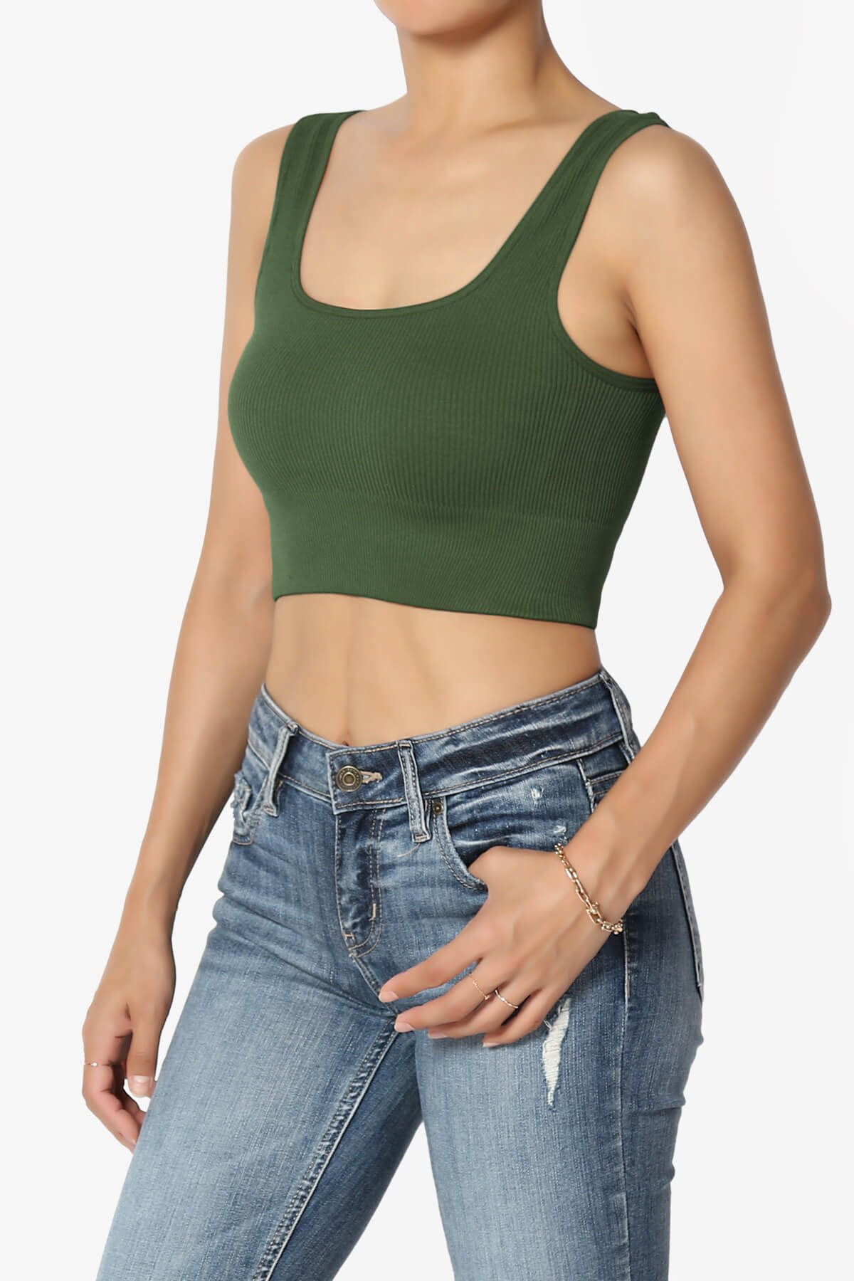 Hilde Ripped Seamless Square Neck Crop Tank Top ARMY GREEN_3