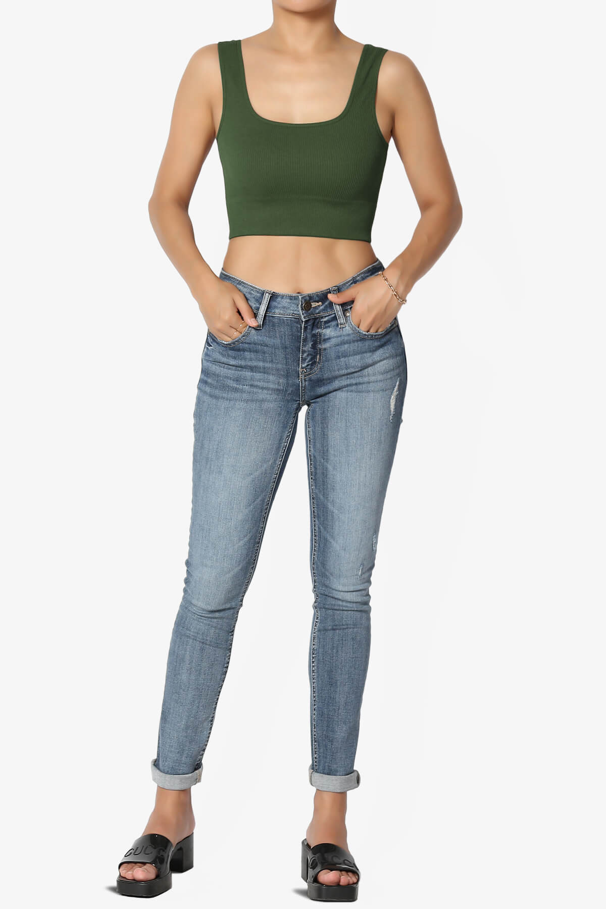 Load image into Gallery viewer, Hilde Ripped Seamless Square Neck Crop Tank Top ARMY GREEN_6
