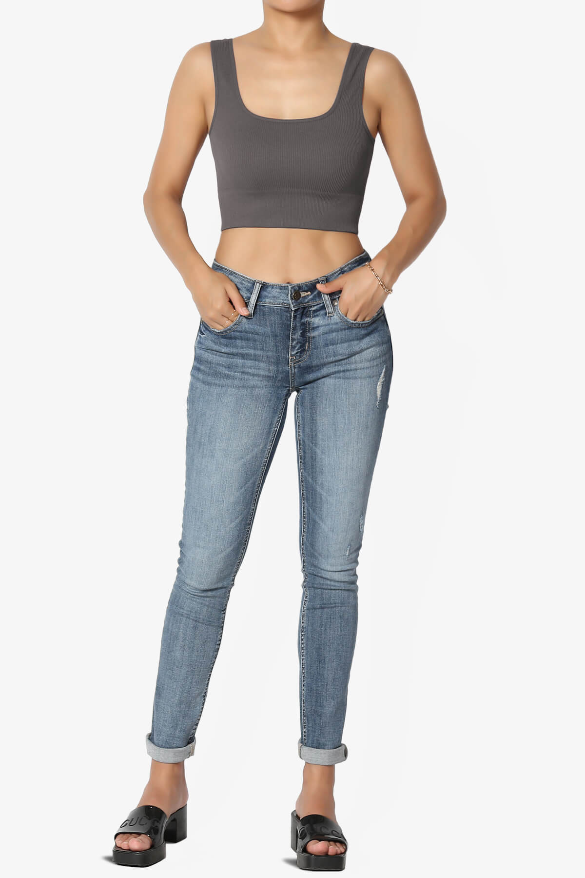 Load image into Gallery viewer, Hilde Ripped Seamless Square Neck Crop Tank Top ASH GREY_6
