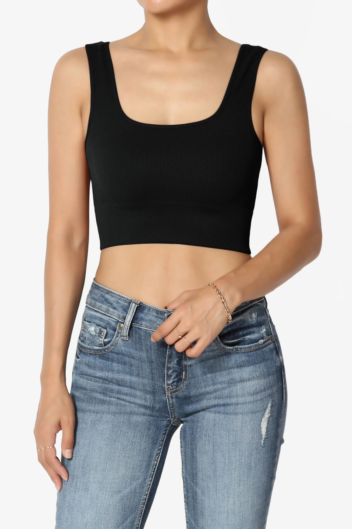 Load image into Gallery viewer, Hilde Ripped Seamless Square Neck Crop Tank Top BLACK_1
